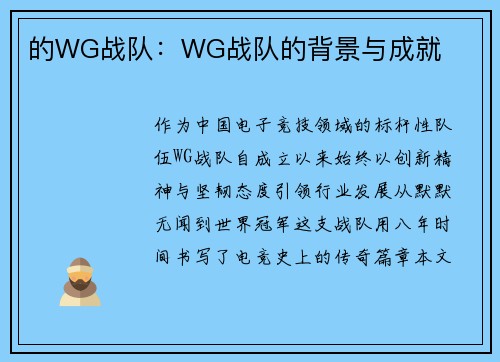 的WG战队：WG战队的背景与成就